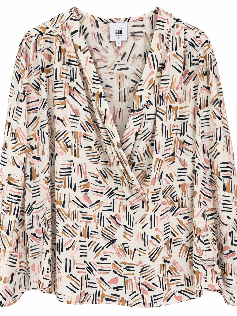 CAbi Cream Abstract Brushstroke Wrap Blouse with Mauve, Brown & Black Accents